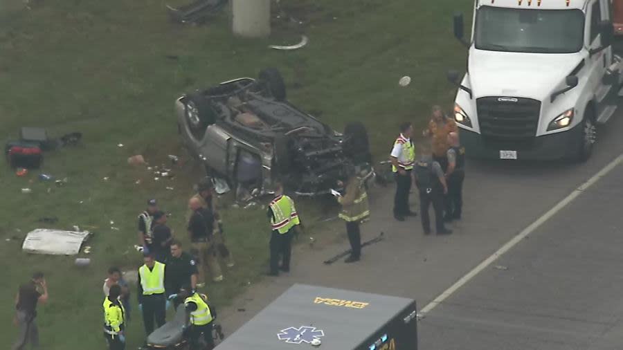 Rollover accident in the eastbound lanes of the I-240 Service Rd. near S Western Avenue. Photo courtesy KFOR.