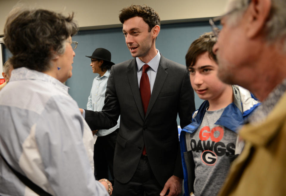 Democratic candidate Jon Ossoff greets supporters after the League of Women Voters' candidate forum for Georgia's 6th Congressional District special election to replace Tom Price, who is now the secretary of Health and Human Services, in Marietta, Georgia, U.S. April 3, 2017. Picture taken April 3, 2017. REUTERS/Bita Honarvar