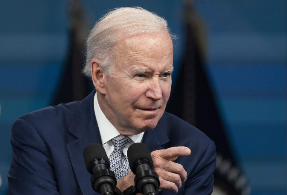 President Joe Biden speaks about inflation in the South Court Auditorium on the White House complex in Washington, Tuesday, May 10, 2022. (AP Photo/Manuel Balce Ceneta)