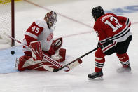 Detroit Red Wings goalie Jonathan Bernier, left, cannot make the save on a goal by Chicago Blackhawks center Mattias Janmark during the third period of an NHL hockey game in Chicago, Saturday, Feb. 27, 2021. (AP Photo/Nam Y. Huh)