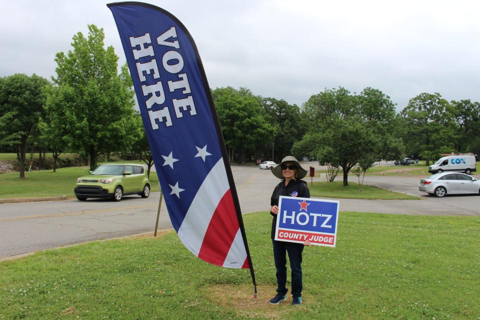 Susan Hotz, spouse of Steve Hotz, Republican candidate for Sebastian County judge, stands in Creekmore Park, one of the primary polling places in Fort Smith, May 24, 2022.