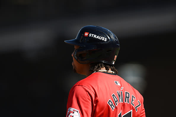 CLEVELAND, OHIO – OCTOBER 05: A view of the batting helmet of José Ramírez #11 of the Cleveland Guardians with the Strauss logo during the first inning against the Detroit Tigers in Game One of the Division Series at Progressive Field on October 05, 2024 in Cleveland, Ohio. (Photo by Nick Cammett/Getty Images)