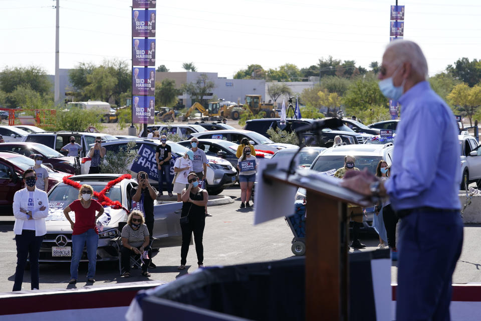 Supporters watch as Democratic presidential nominee Joe Biden speaks at a Las Vegas drive-In campaign event on Oct. 9. (Photo: ASSOCIATED PRESS)