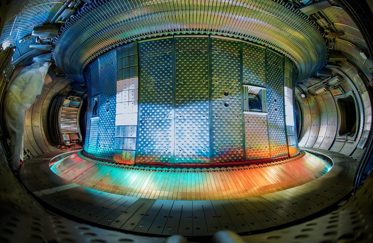 A fisheye view of the WEST tokamak, a rounded metal device