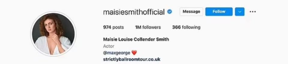 The former EastEnders star appeared to nod to her relationship with George in her IG bio (Instagram/Maisie Smith)