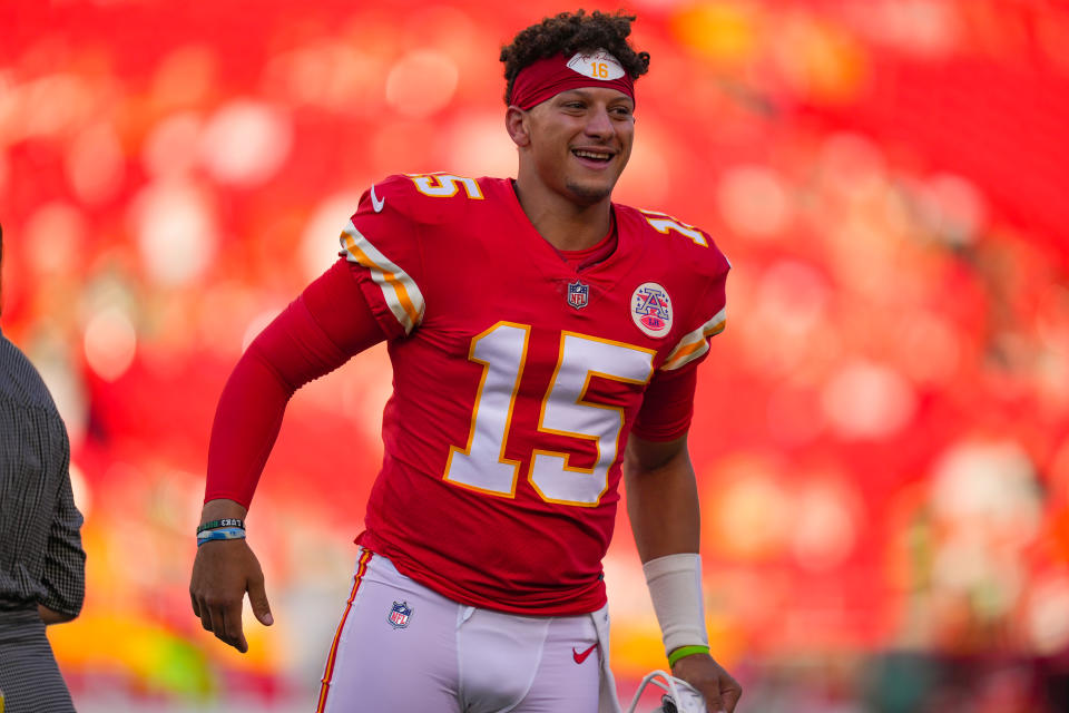 KANSAS CITY, MO - AUGUST 25: Patrick Mahomes #15 of the Kansas City Chiefs runs back to the sideline prior to the preseason game against the Green Bay Packers at Arrowhead Stadium on August 25, 2022 in Kansas City, Missouri. (Photo by Jason Hanna/Getty Images)