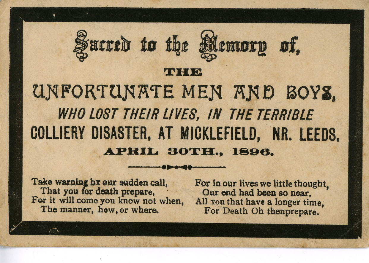 Micklefield Colliery mourning card commemorating ‘unfortunate’ men & boys, 1896 will be in the Leeds exhibition. (Leeds Museums & Galleries)