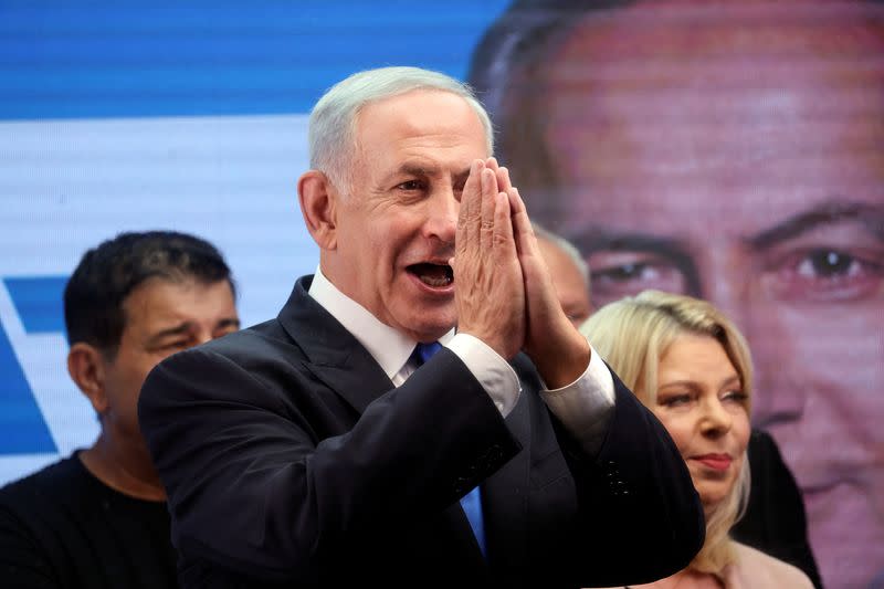 FILE PHOTO: Former Israeli Prime Minister Benjamin Netanyahu holds a local campaign event in the run up to Israel's election