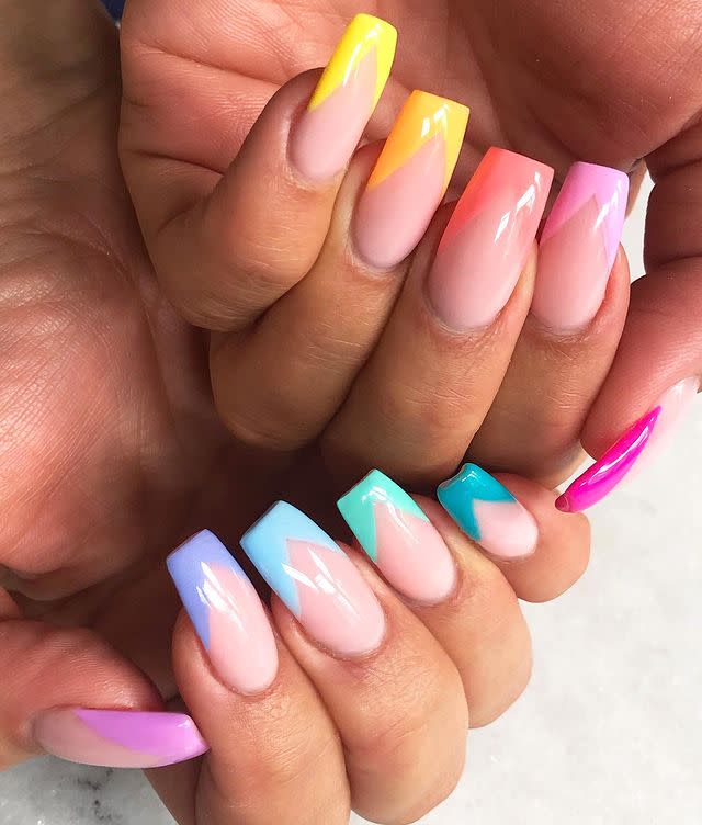 <p>Chevron nail tips created using on-the-brighter-side pastels. </p><p><a href="https://www.instagram.com/p/Bx-JKgUFmAf/" rel="nofollow noopener" target="_blank" data-ylk="slk:See the original post on Instagram;elm:context_link;itc:0;sec:content-canvas" class="link ">See the original post on Instagram</a></p>