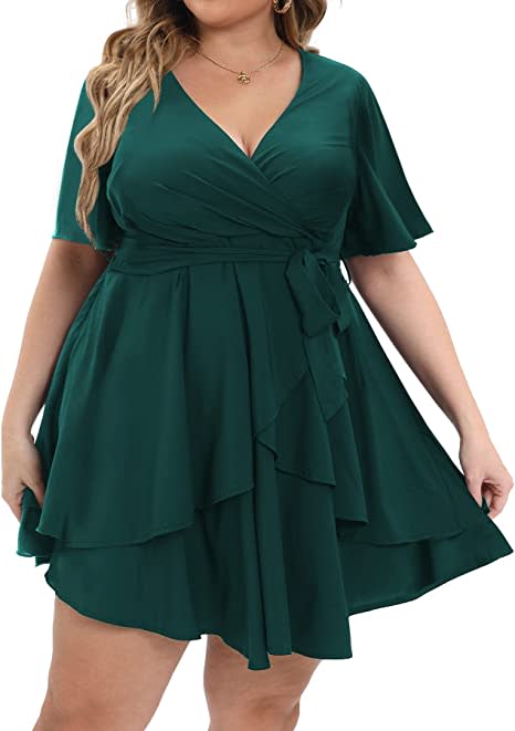 Short Sleeve Ruffle Wrap Swing MidiDress