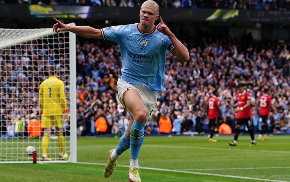 Erling Haaland celebrates scoring against Manchester United - Erling Haaland is in the most unusual situation – he can complete English football in a year - PA/Martin Rickett