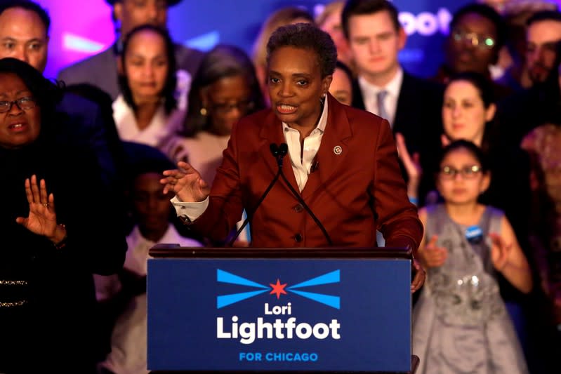 FILE PHOTO: Mayoral candidate Lori Lightfoot speaks during her election night celebration after defeating her challenger Toni Preckwinkle in a runoff election in Chicago