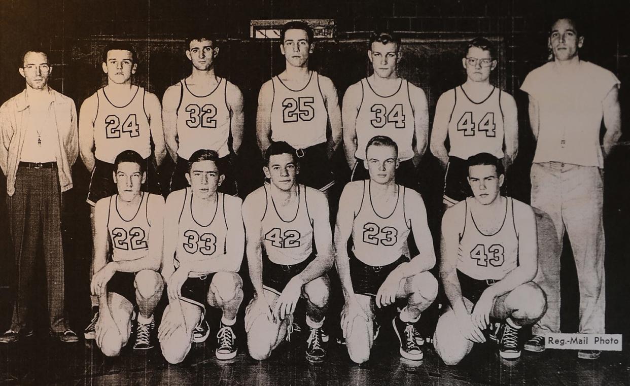 The first “team” at the new ROVA High School was the 1948-49 boys basketball squad. Pictured in front are, from left, Jim Quanstrom, Bill Gueldenfennig, Bob Seiler, Harley Pearson and Claude Boland. In the back row are, from left, assistant coach Bill Adams, Clark Main, Dean Truelove, Jim Asplund, Curtis Nelson, Bill Holcomb and coach Jim Pogue. Not pictured is Bob Heflin.