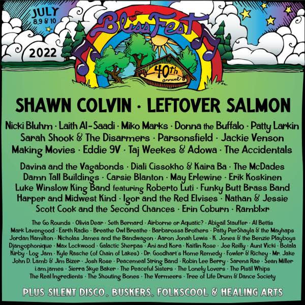 The Blissfest Music Organization's 40th festival line up announcement done by artist Dave Ader Albertson.