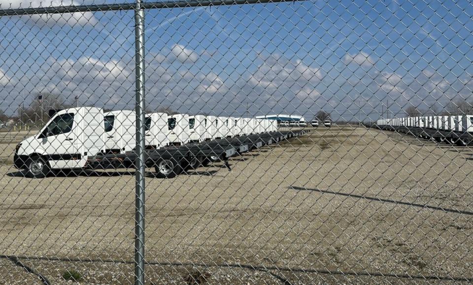 An inventory of W750 chassis cabs awaits shipment on the grounds of the Workhorse plant in Union City, Indiana.(Photo: Alan Adler/FreightWaves)