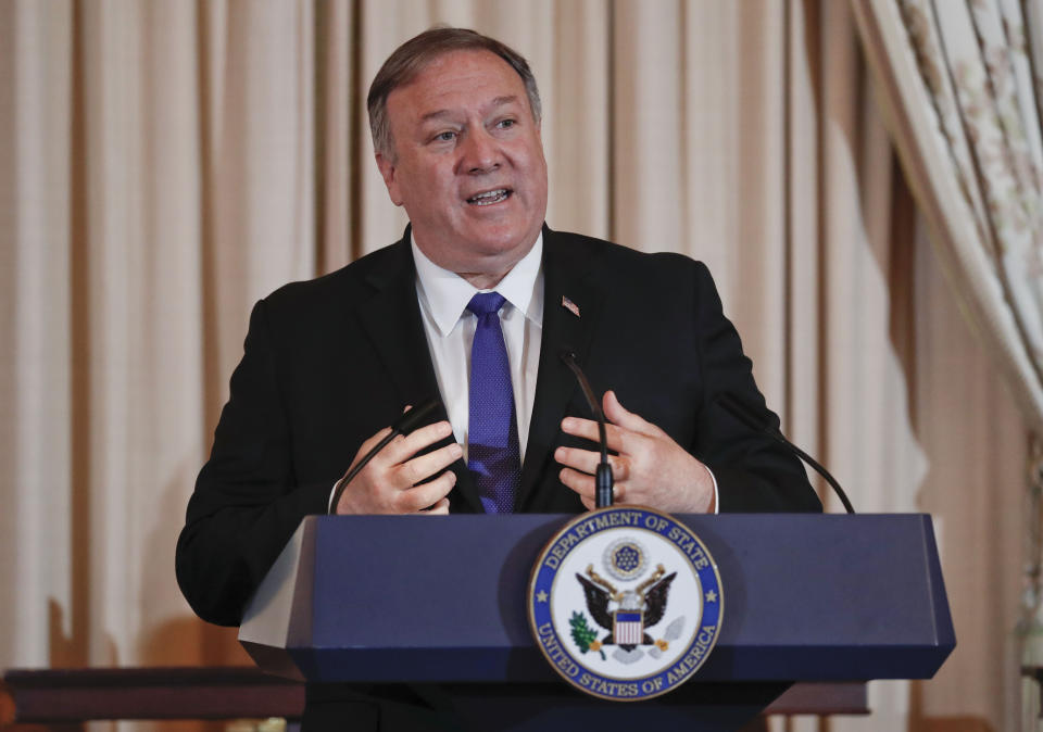 Secretary of State Mike Pompeo speaks during the announcement of the World Food Prize Laureate at the State Department, Monday, June 10, 2019. Simon N. Groot of the Netherlands, founder of East-West Seed, will receive the 2019 World Food Prize. (AP Photo/Pablo Martinez Monsivais)