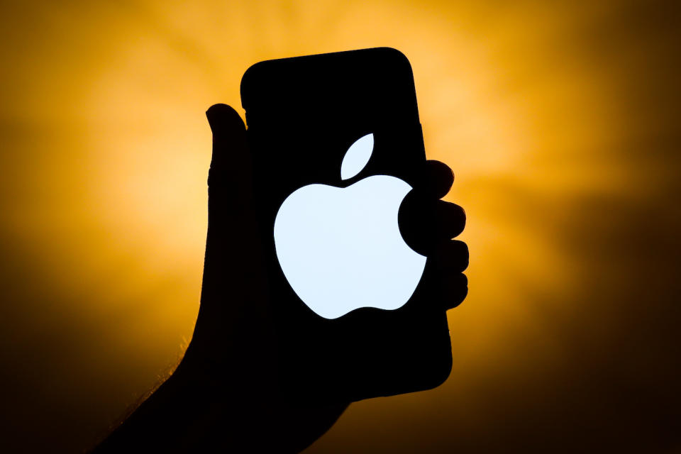 Apple logo is seen displayed on a phone screen in this illustration photo taken in Krakow, Poland on September 21, 2021. (Photo Illustration by Jakub Porzycki/NurPhoto via Getty Images)