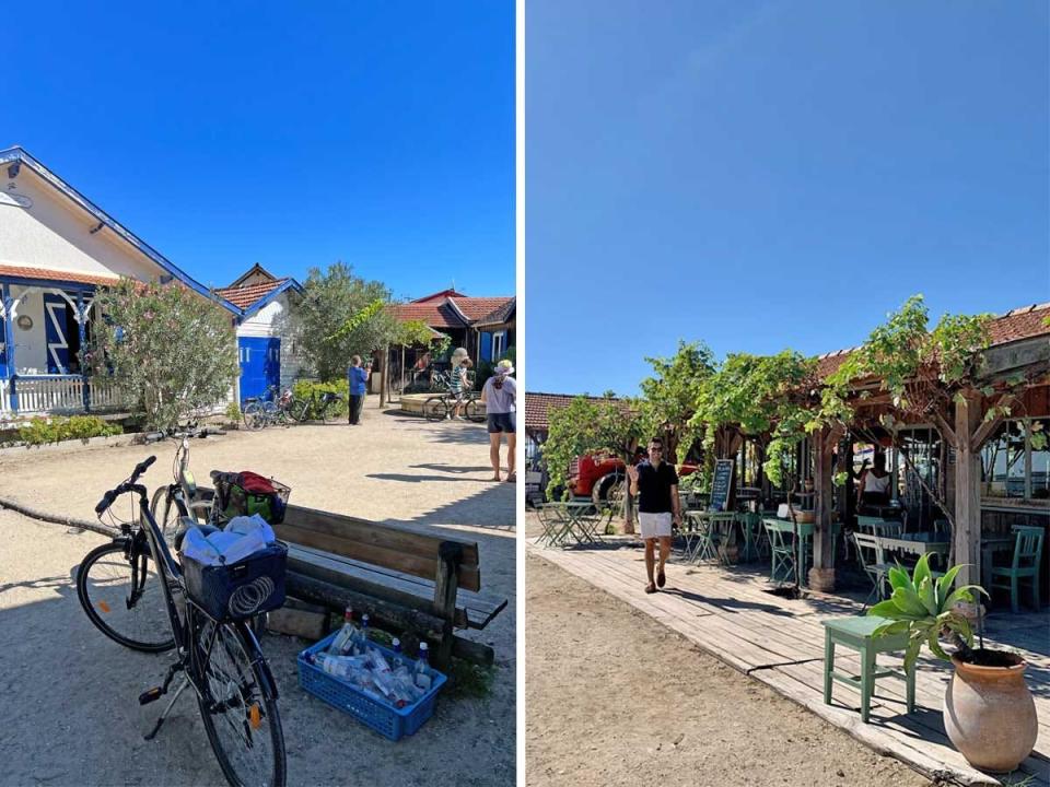 Side by side images of a bike in front of buildings with blue doors and a man walking and waving next to a patio filled with plants.