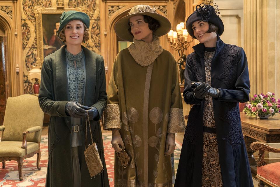 Laura Carmichael as Lady Hexham, Elizabeth McGovern as Lady Grantham, and Michelle Dockery as Lady Mary Talbot in Downton Abbey