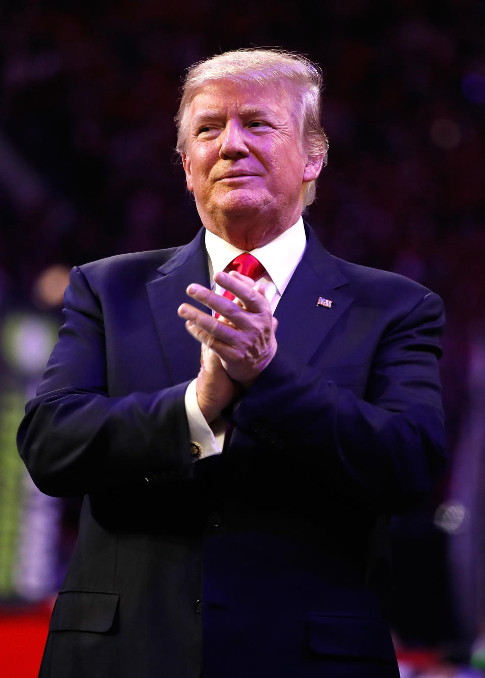 <p>U.S. President Donald Trump on field during the national anthem prior to the CFP National Championship presented by AT&T between the Georgia Bulldogs and the Alabama Crimson Tide at Mercedes-Benz Stadium on January 8, 2018 in Atlanta, Georgia. (Photo by Jamie Squire/Getty Images) </p>