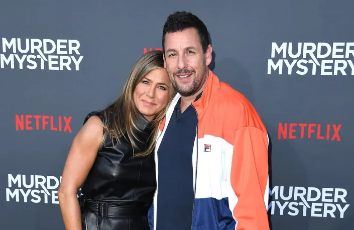 WESTWOOD, CALIFORNIA - JUNE 10: Jennifer Aniston and Adam Sandler arrives at the LA Premiere Of Netflix&#39;s