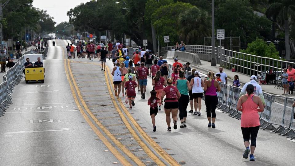 Runners head West on Manatee Avenue during the DeSoto 5k before the DeSoto Parade on Saturday, April 27, 2024.