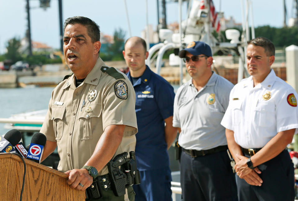 <p>Lorenzo Veloz, spokesman for the Florida Fish and Wildlife Conservation Commission, speaks during a news conference about a boating accident that killed Jose Fernandez, the ace right-hander for the Miami Marlins who escaped Cuba to become one of baseball’s brightest stars, at U.S. Coast Guard Base Miami Beach, Sunday, Sept. 25, 2016, in Miami Beach, Fla. (AP Photo/Wilfredo Lee) </p>