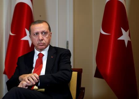 Turkish President Tayyip Erdogan prepares for an interview in New York City, U.S. September 19, 2016. REUTERS/Brendan McDermid