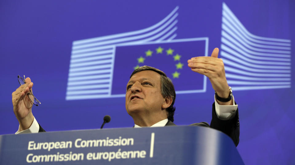 European Commission President Jose Manuel Barroso gestures while speaking during a media conference at EU headquarters in Brussels on Tuesday, May 8, 2012. The European Commission has called on EU nations to stick to their promised budget cuts despite voter discontent in France and Greece, but promised new efforts to boost growth to alleviate economic hardship. (AP Photo/Virginia Mayo)