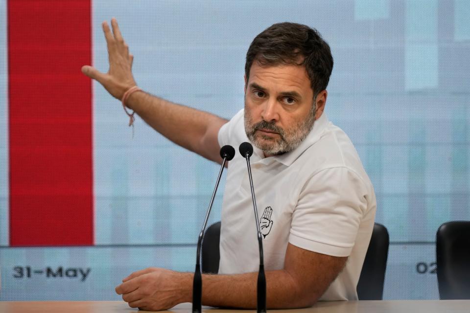 Congress party leader Rahul Gandhi addresses a press conference on stock market movements prior to the poll results in New Delhi, India (AP)