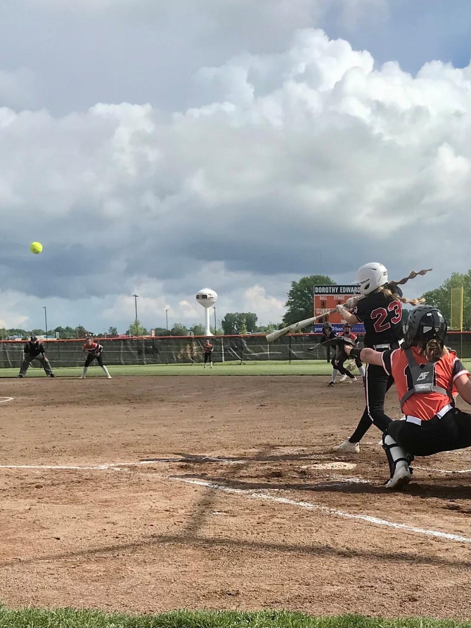 Cardington's Abbi Hardwick hits a single against Van Buren during Friday's Division III regional championship softball game at Elida.