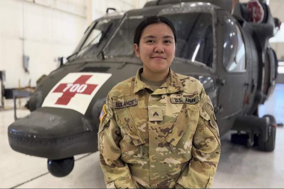 This photo provided by the 101st Airborne Division Office of Public Affairs at Fort Campbell, Ky., shows Cpl. Emilie Marie Eve Bolanos, 23, of Austin, Texas. Bolanos was one of nine soldiers killed in a helicopter crash Wednesday evening, March 29, 2023. (101st Airborne Division Office of Public Affairs via AP)