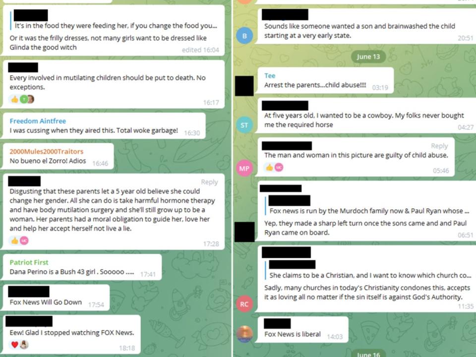 A screenshot from a recent Telegram discussion about a family with a transgender child (Channel users/Io Dodds)