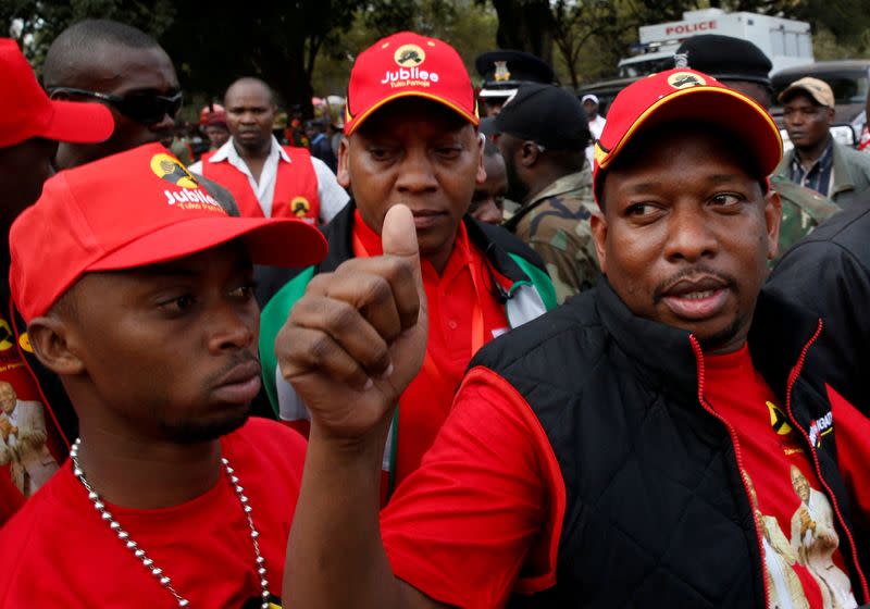 FILE PHOTO: Nairobi's Governor-elect Mike Sonko greets supporters as he arrives for a Jubilee Party campaign rally at Uhuru park in Nairobi