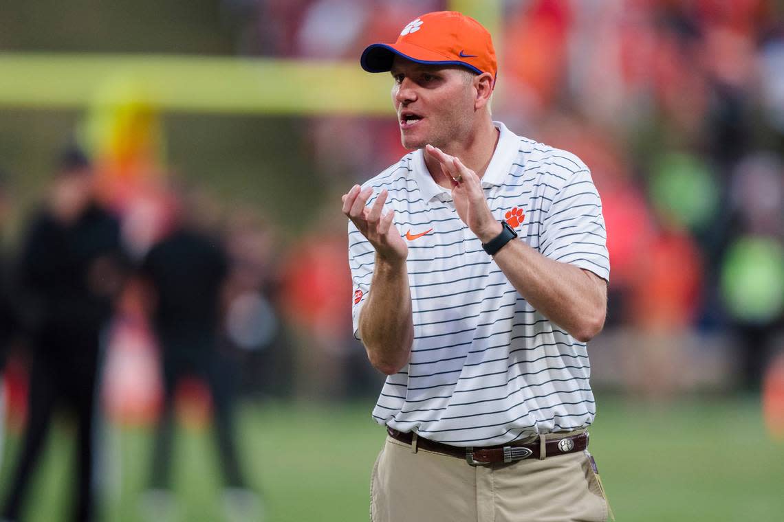 Brandon Streeter, Clemson Offensive Coordinator, looks on before an NCAA college football game against North Carolina State Saturday, Oct. 1, 2022, in Clemson, S.C. (AP Photo/Jacob Kupferman)