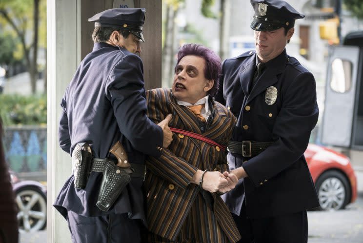 Mark Hamill with purple hair on the set of <em>The Flash. </em>(Photo: Katie Yu/The CW)