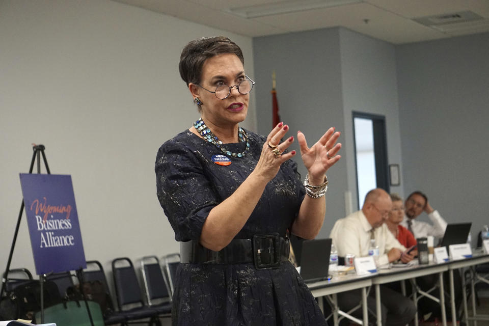 FILE - In this May 16, 2018, file photo, Harriet Hageman addresses a meeting of the Wyoming Business Alliance in Casper, Wyo. Former President Donald Trump has chosen Hageman, a favored candidate in his bid to unseat Rep. Liz Cheney, one of his most vocal critics. That's according to a person familiar with his decision who spoke on condition of anonymity ahead of a formal announcement (AP Photo/Mead Gruver, File)