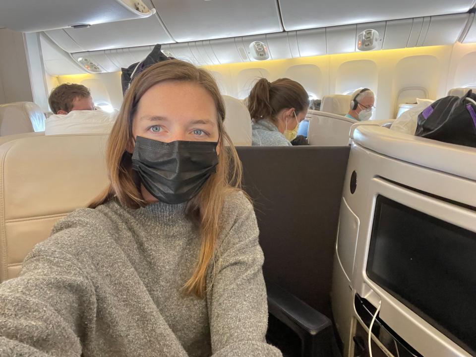 The author in her business-class seat on an Air New Zealand long-haul flight.