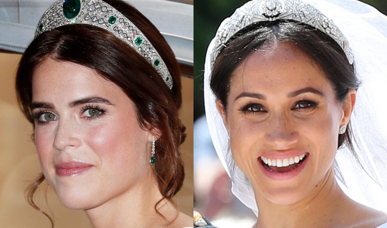 Princess Eugenie of York and the Duchess of Sussex, Meghan Markle, on their respective wedding days. (Photo: Getty Images).