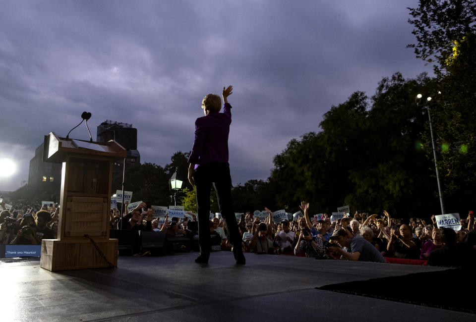 Democratic presidential candidate U.S. Sen. Elizabeth Warren takes the stage before addressing supporters at a rally, Monday, Sept. 16, 2019, in New York. (AP Photo/Craig Ruttle)