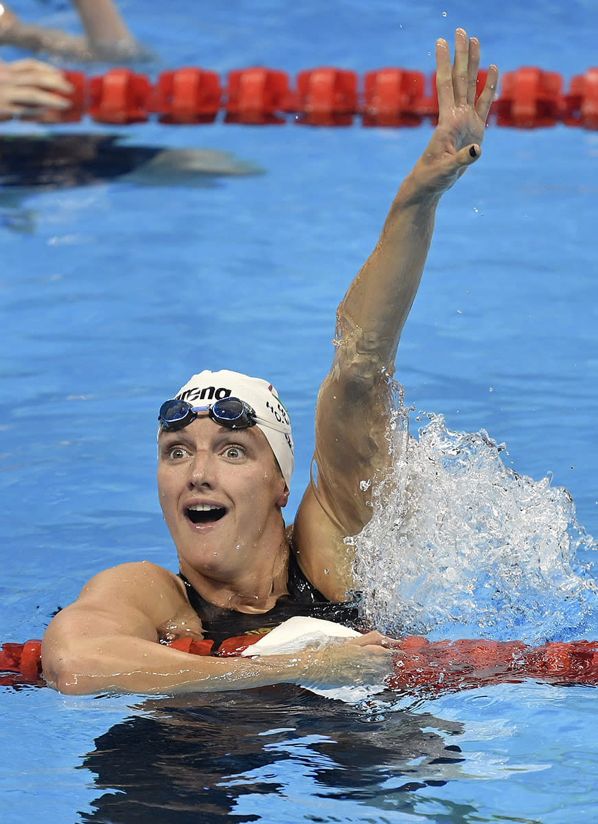 <p>Hungary’s Katinka Hosszu celebrates after coming first in a women’s 400-meter individual medley heat during the swimming competitions at the 2016 Summer Olympics, Saturday, Aug. 6, 2016, in Rio de Janeiro, Brazil. (AP Photo/Martin Meissner) </p>