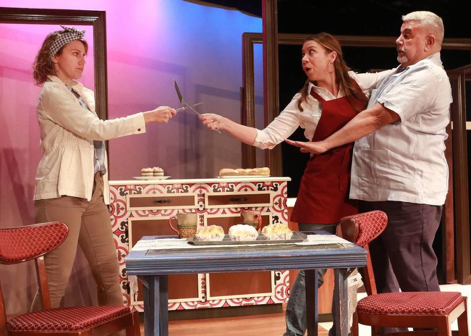 From left, Elizabeth Price as Georgie, Melissa Ann Hubicsak as Beatriz, and JL Rey as Tio Eme in “Sweet Goats and Blueberry Señoritas” by Richard Blanco and Vanessa Garcia opening at Actors’ Playhouse in Coral Gables in previews Wednesday, Nov. 8, and opening Friday, Nov. 9 through Sunday, Dec. 3, 2023.