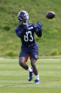 Chicago Bears wide receiver Dazz Newsome (83) catches a pass during the NFL football team's rookie minicamp Friday, May, 14, 2021, in Lake Forest Ill. (AP Photo/David Banks, Pool)