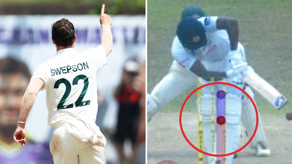 Cricket spin bowler Mitchell Swepson (pictured left) appealing and (pictured right) an LBW appeal.