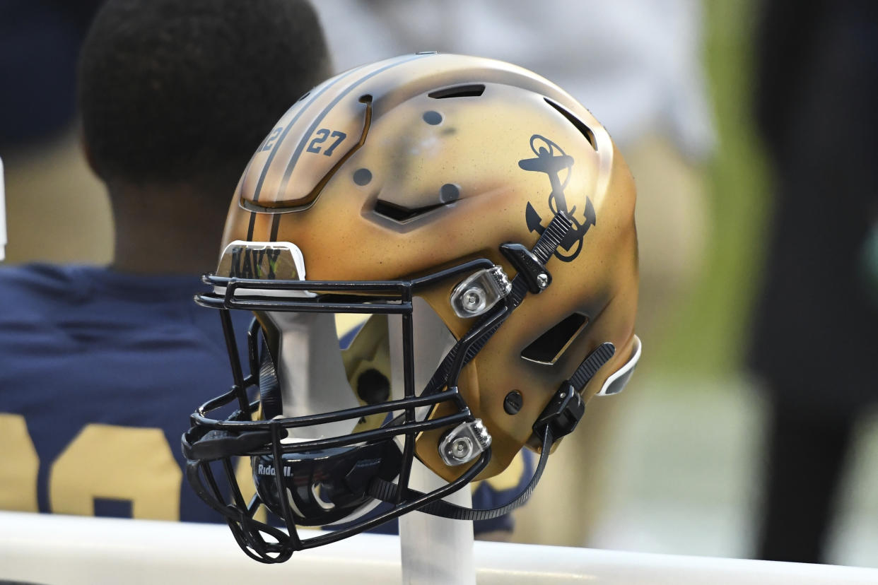 PHILADELPHIA, PA - DECEMBER 14: Navy Midshipmen helmet sits on the bench during the Army-Navy game on December 14, 2019 at Lincoln Financial Field in Philadelphia PA.(Photo by Andy Lewis/Icon Sportswire via Getty Images)