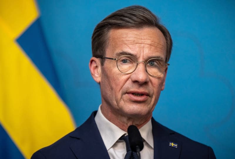 Swedish Prime Minister Ulf Kristersson takes part in a press conference alongside German Chancellor Scholz. Kristersson on Wednesday announced that his country would give Ukraine a further €6.5 billion ($7 billion) in military aid spread over three years to ward off Russia's invasion. Michael Kappeler/dpa