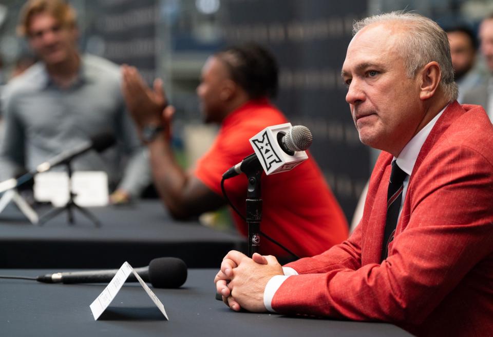 Texas Tech Head Coach Joey McGuire takes questions during the breakout press conferences on the second day of Big 12 Media Days in AT&T Stadium in Arlington, Texas, July 13, 2023. 