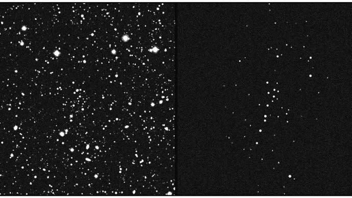  A split screen of black space. on the left, many stars are scattered. on the right, fewer, fainter stars are scattered mostly in the center, but no on the sides. . 