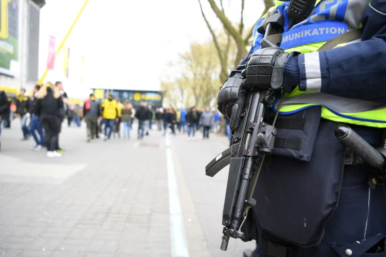 A heavy police presence on April 12, 2017, near the Westfalenstadion stadium ahead of Borussia Dortmund's quarter-final clash against Monaco