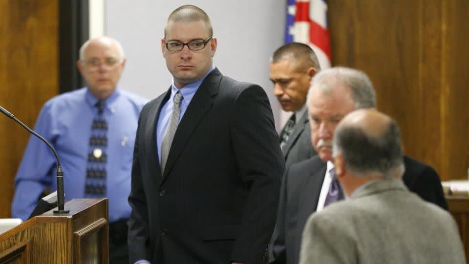 Former Marine Cpl. Eddie Ray Routh, center, appears in court on the opening day of his capital murder trial at the Erath County Donald R. Jones Justice Center. Source: AP